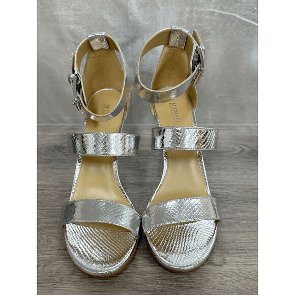 MICHAEL Michael Kors Women's Amal Snake Embossed Leather Sandal - Silver 5.5M